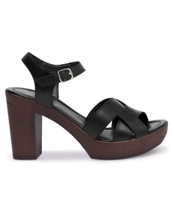 Sandale dama  piele naturala, toc gros, Negru