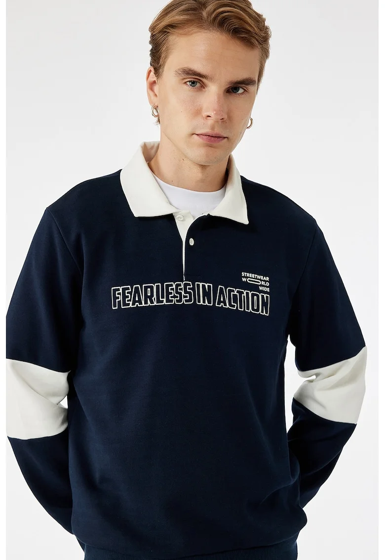 Bluza de trening polo din amestec de bumbac cu fenta cu nasturi, Alb/Bleumarin