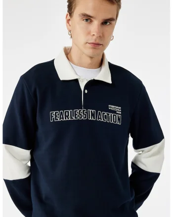 Bluza de trening polo din amestec de bumbac cu fenta cu nasturi, Alb/Bleumarin