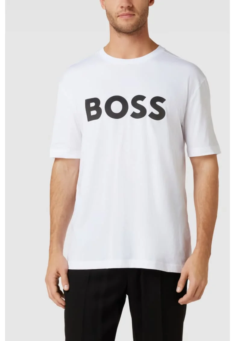 Tricou cu imprimeu logo si decolteu la baza gatului