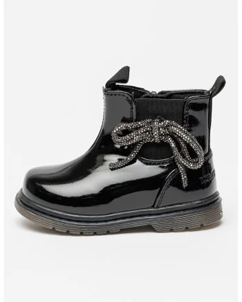 Ghete Chelsea de piele ecologica cu funda, Negru
