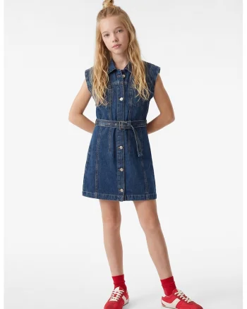 Rochie din denim cu cordon in talie, Albastru petrol