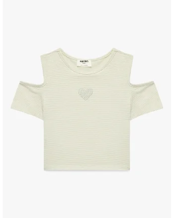 Bluza cu decupaj pe umeri, Alb fildes/Albastru pal