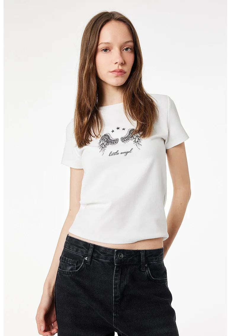 Tricou cu imprimeu si decolteu la baza gatului, Ecru/Negru carbon