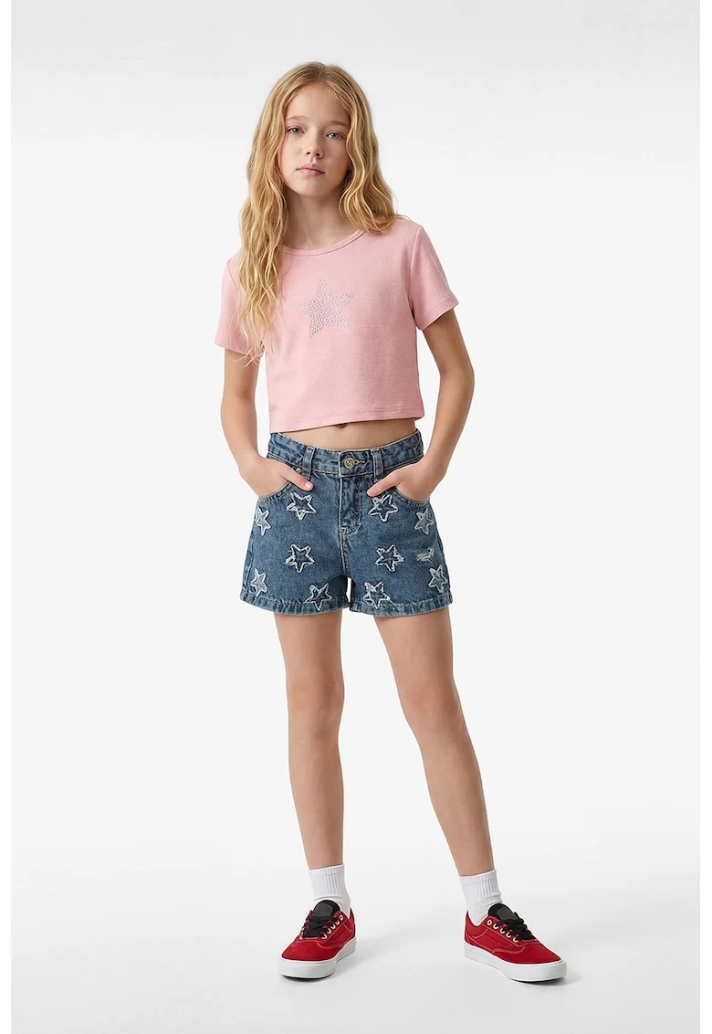 Tricou crop cu strasuri, Roz deschis/Argintiu
