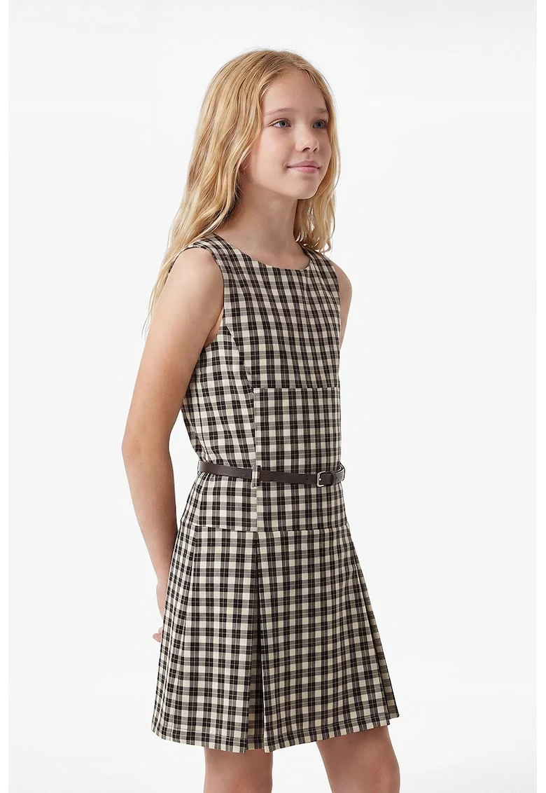 Rochie in carouri cu pliuri, Alb fildes/Black Onyx