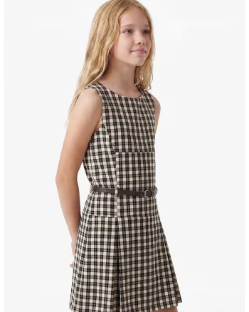 Rochie in carouri cu pliuri, Alb fildes/Black Onyx