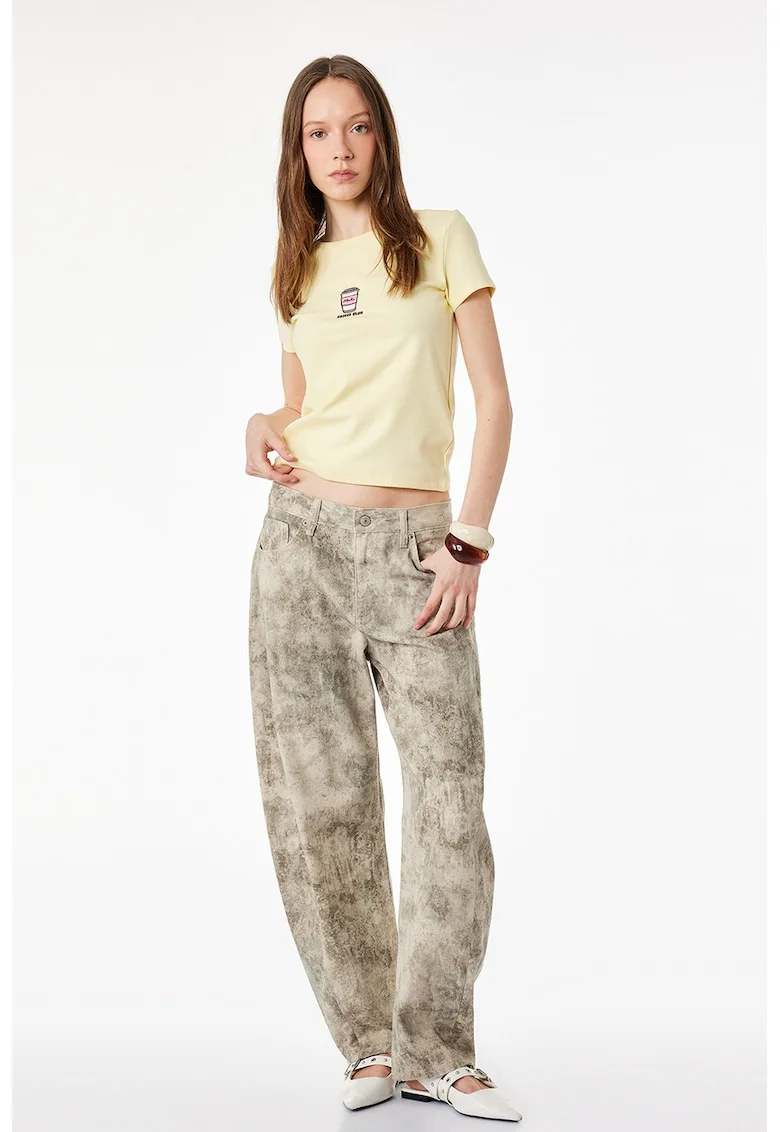 Tricou slim fit cu broderie, Maro/Galben deschis/Roz