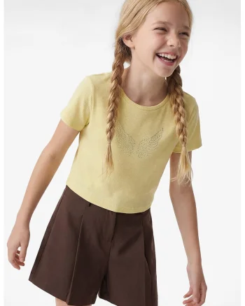 Bluza cu maneci scurte si strasuri, Galben pai