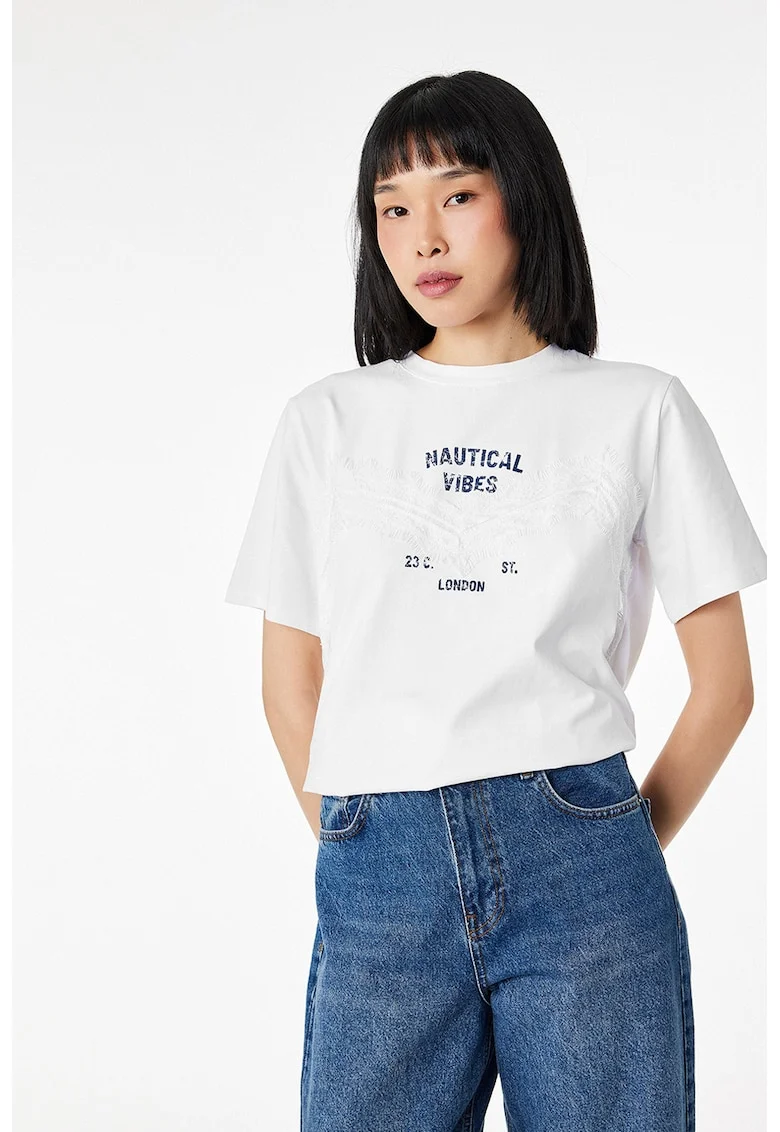 Tricou din amestec de bumbac cu imprimeu text, Alb