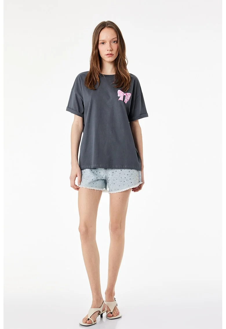 Tricou lejer cu imprimeu text pe spate, Roz deschis/Gri antracit