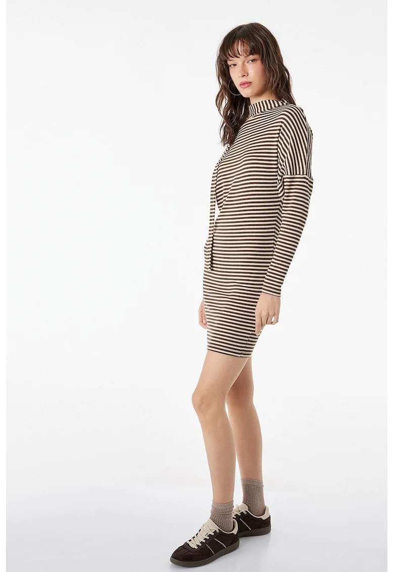 Rochie-pulover scurta cu dungi, Maro inchis/Bej sampanie