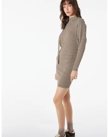Rochie-pulover scurta cu dungi, Maro inchis/Bej sampanie
