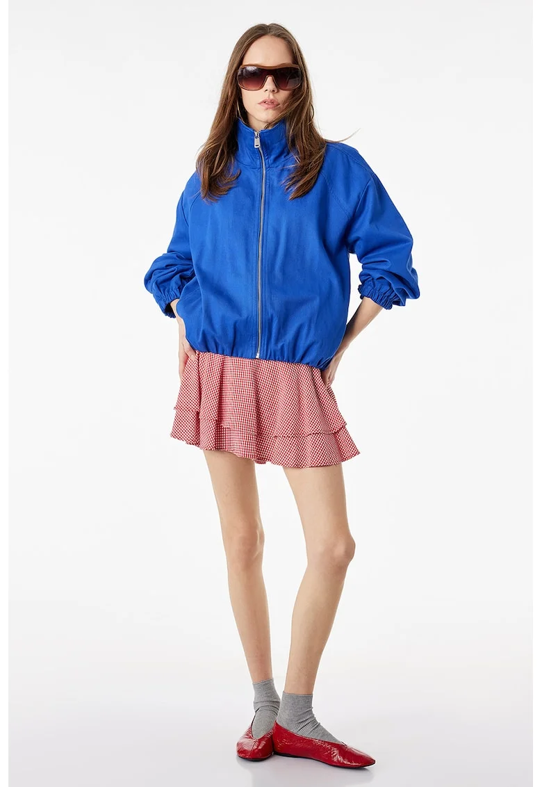 Fusta mini cu volane si model gingham, Alb/Rosu aprins