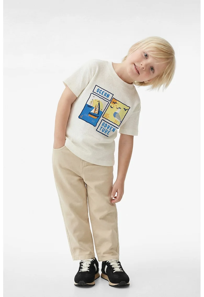 Tricou din pique cu imprimeu grafic, Alb fildes/Galben deschis/Albastru royal