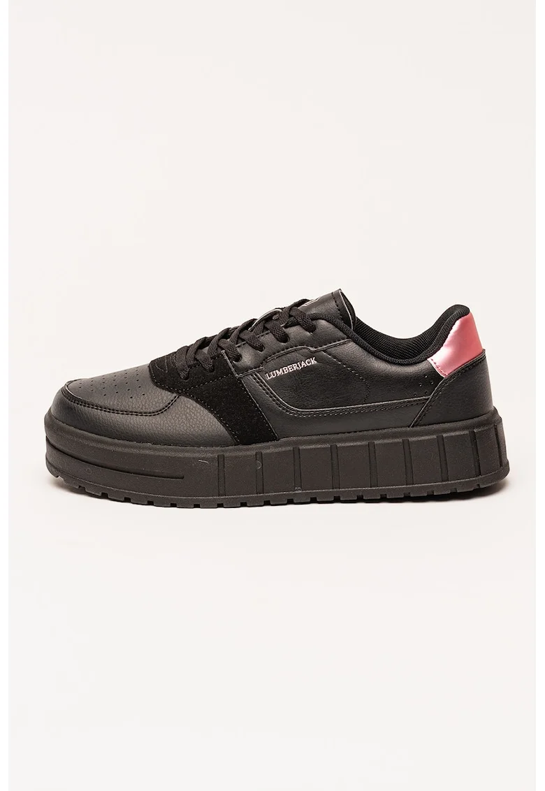 Pantofi sport cu platforma si insertii de piele intoarsa ecologica, Negru stins