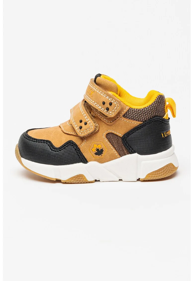 Pantofi sport wedge cu piele intoarsa ecologica si velcro, Maro camel