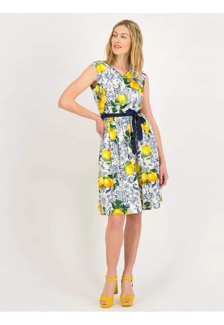 Rochie imprimata cu lamai si decolteu in V, din amestec de bumbac organic,