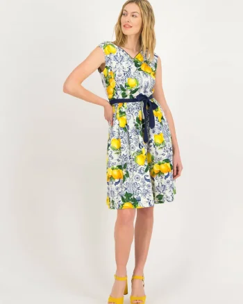Rochie imprimata cu lamai si decolteu in V, din amestec de bumbac organic,