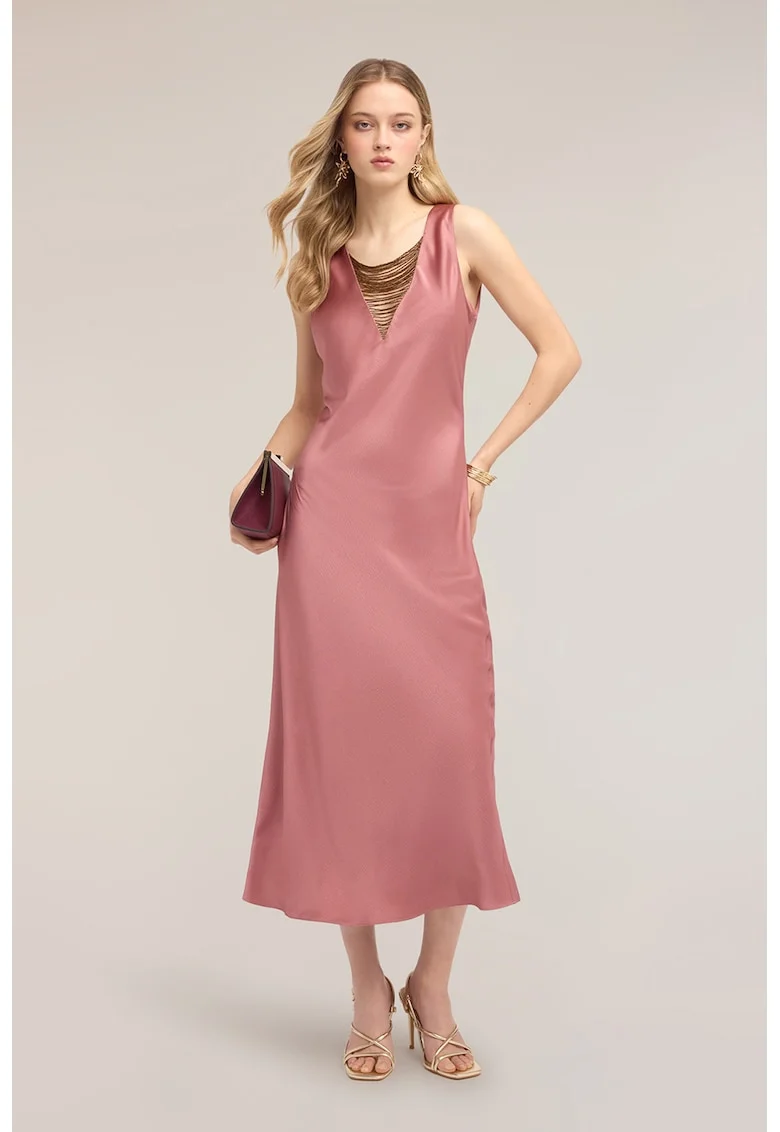 Rochie-furou cu decolteu decorat, Roz pastel
