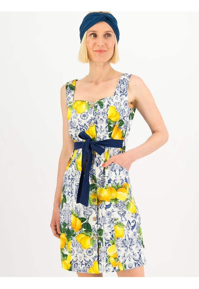 Rochie evazata din amestec de bumbac organic, cu imprimeu cu lamai