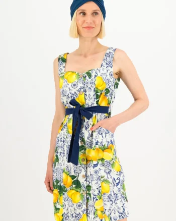 Rochie evazata din amestec de bumbac organic, cu imprimeu cu lamai