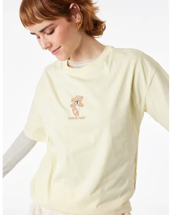 Tricou de bumbac cu decolteu la baza gatului, Galben deschis