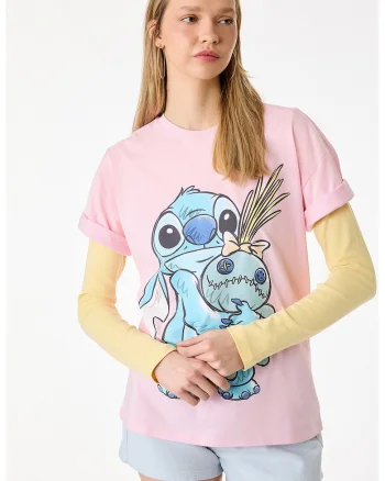 Tricou de bumbac cu imprimeu Stitch, Roz deschis
