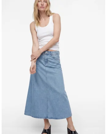 Fusta evazata din denim cu talie inalta, Albastru pastel