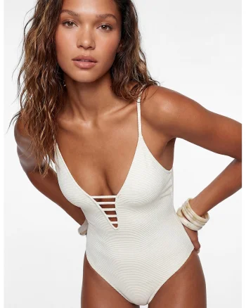 Costum de baie intreg cu decolteu adanc in V, Ecru
