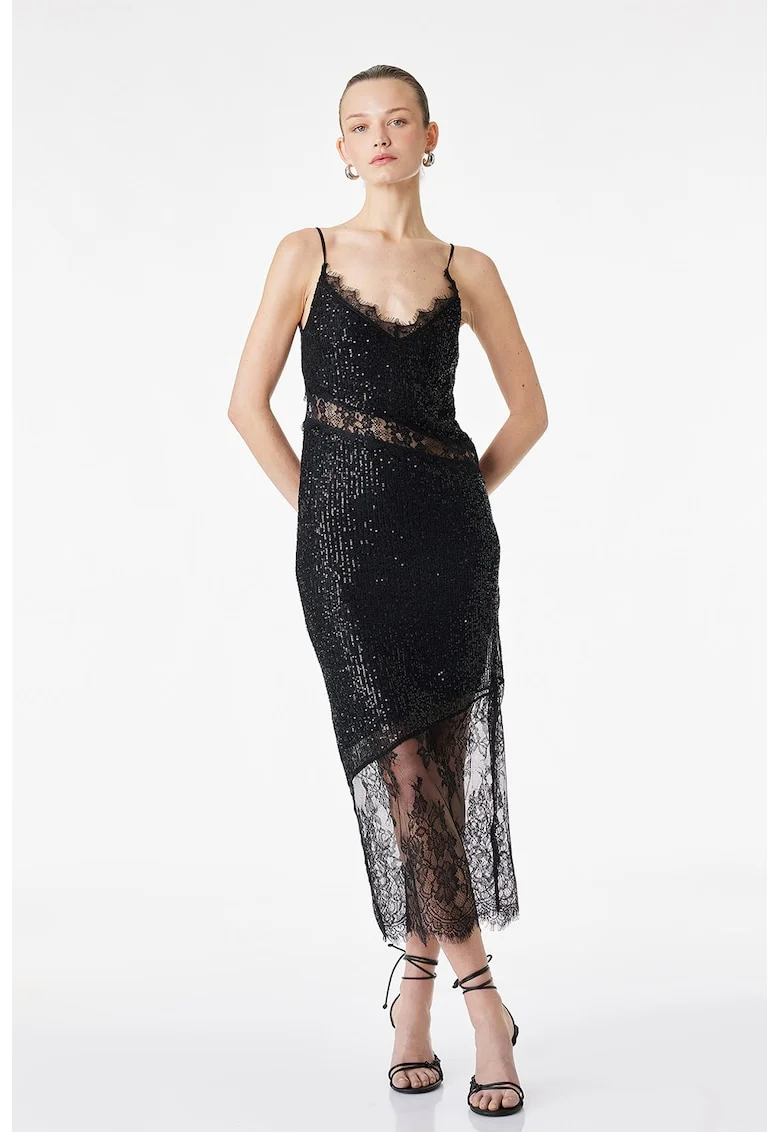 Rochie cu paiete si insertii de dantela, Negru