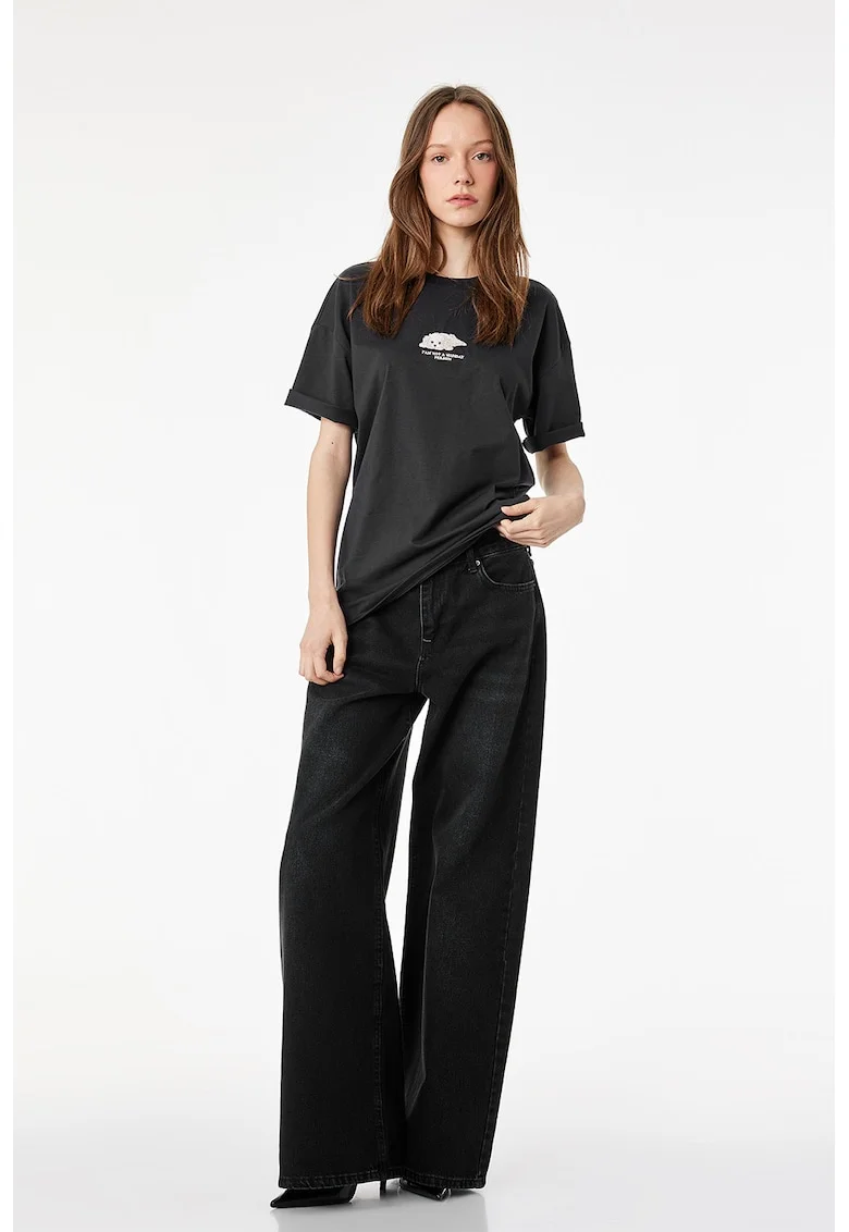 Tricou de bumbac cu decolteu la baza gatului, Gri antracit