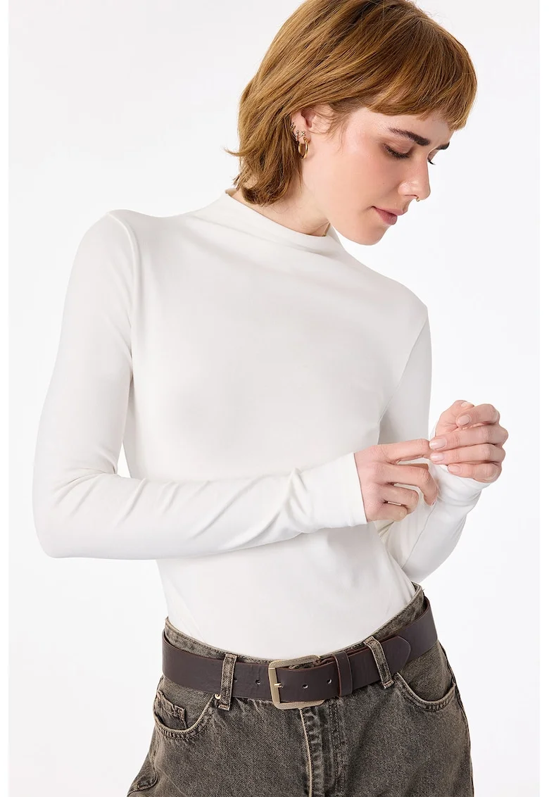 Bluza slim fit cu guler scurt, Ecru