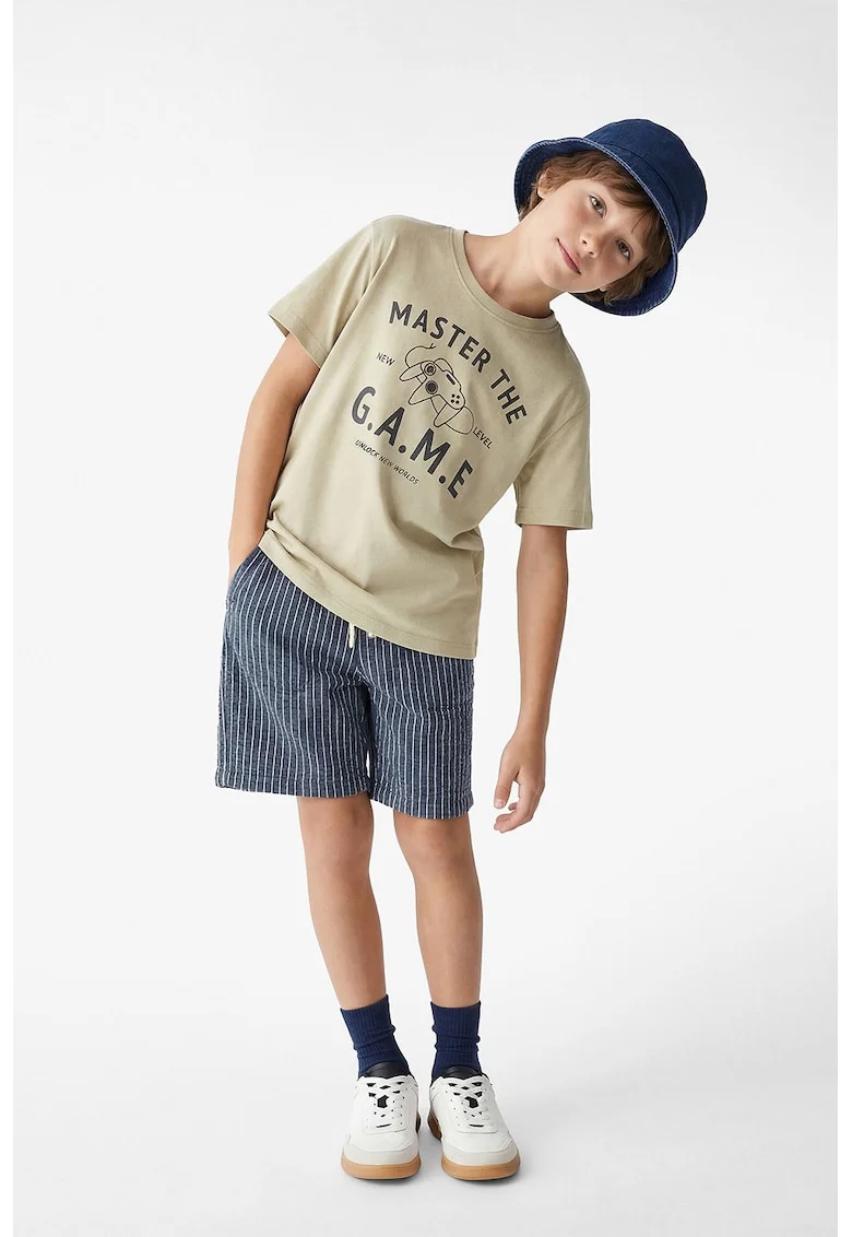 Tricou cu decolteu la baza gatului si imprimeu, Verde stins