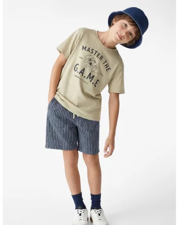 Tricou cu decolteu la baza gatului si imprimeu, Verde stins