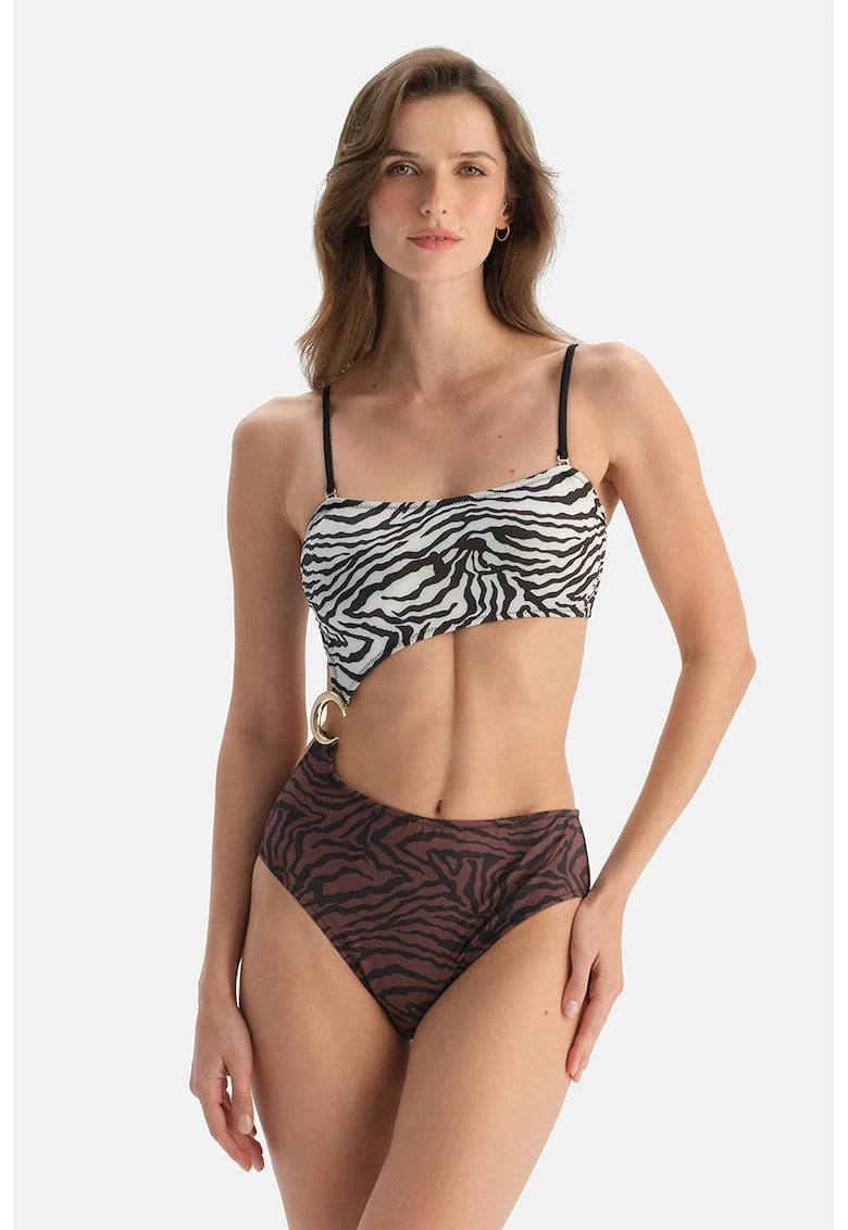 Costum de baie intreg cu imprimeu zebra, Maro inchis/Maro cognac/Ecru