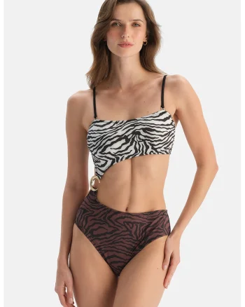 Costum de baie intreg cu imprimeu zebra, Maro inchis/Maro cognac/Ecru
