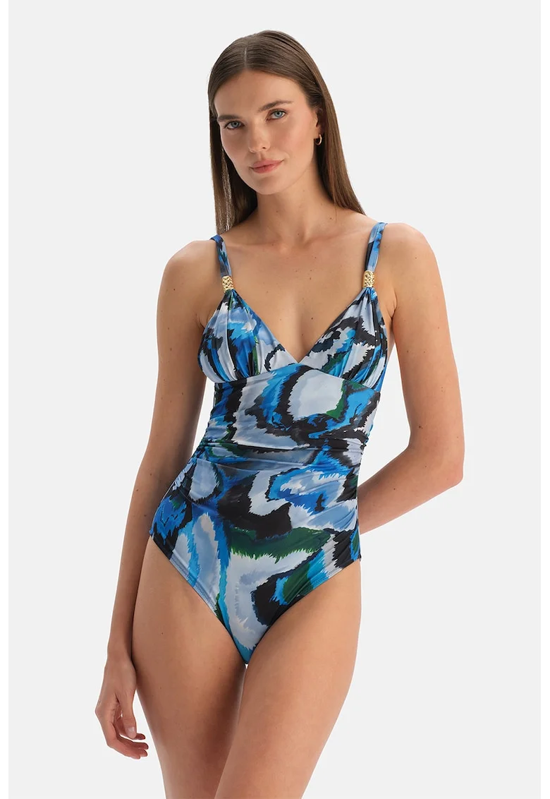 Costum de baie intreg cu model abstract, Albastru pastel/Negru/Verde padure/Albastru cobalt