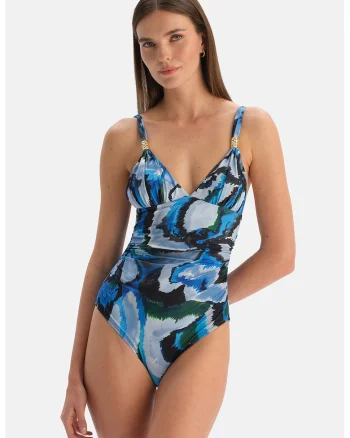 Costum de baie intreg cu model abstract, Albastru pastel/Negru/Verde padure/Albastru cobalt