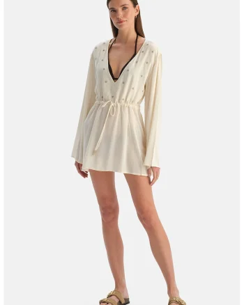 Rochie cu decolteu in V pentru plaja, Crem