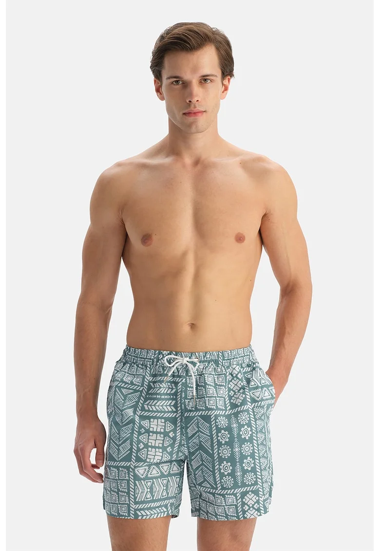 Pantaloni scurti de baie cu model grafic, Alb optic/Albastru petrol