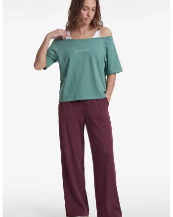 Tricou cu decolteu pe umeri si imprimeu text, Verde persan
