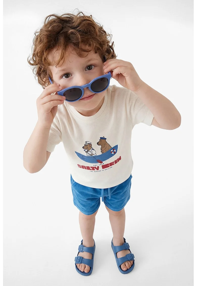 Tricou din pique cu imprimeu grafic, Rosu cireasa/Albastru cobalt/Alb murdar
