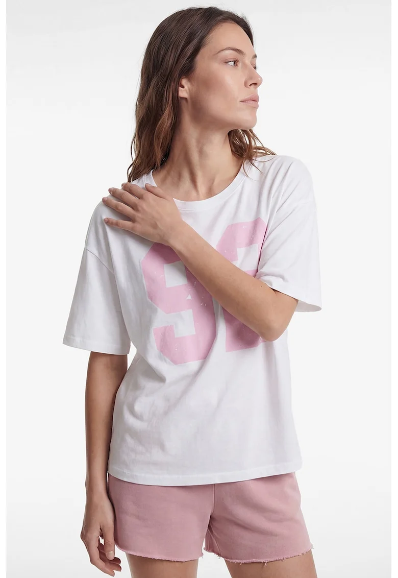 Tricou lejer cu imprimeu supradimensionat frontal, Alb/Roz pal