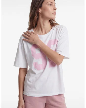 Tricou lejer cu imprimeu supradimensionat frontal, Alb/Roz pal