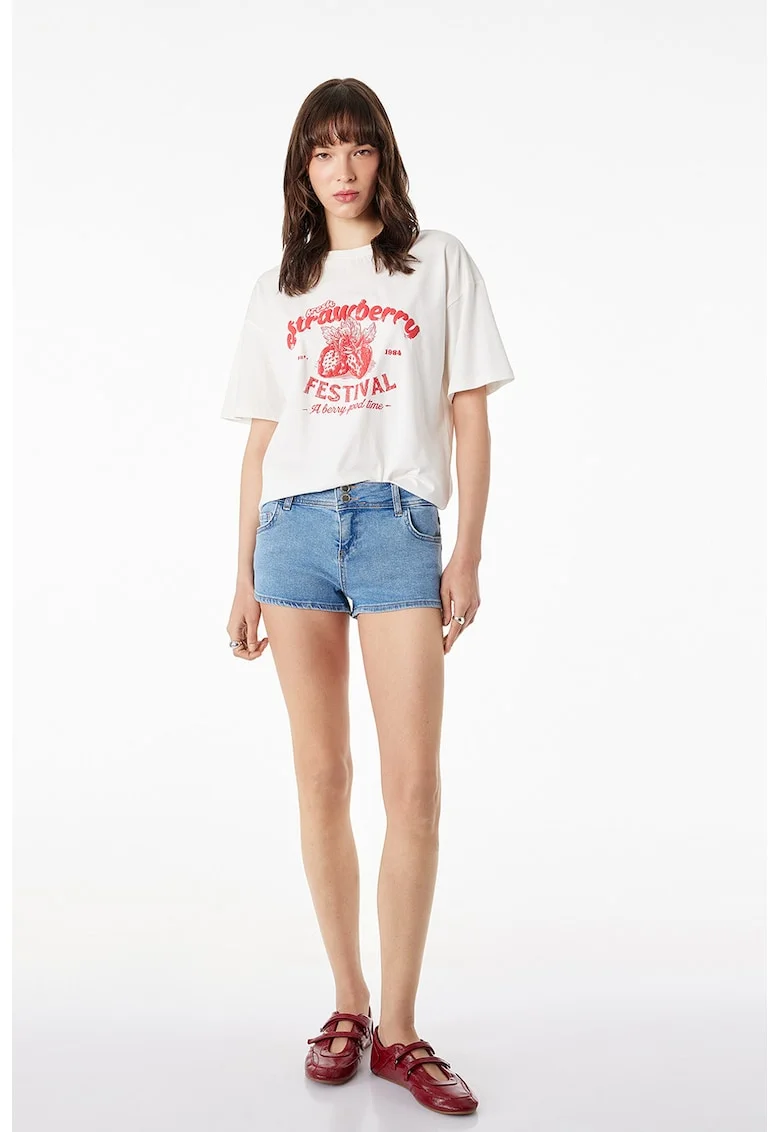 Tricou de bumbac cu imprimeu cu capsune, Alb/Rosu mac