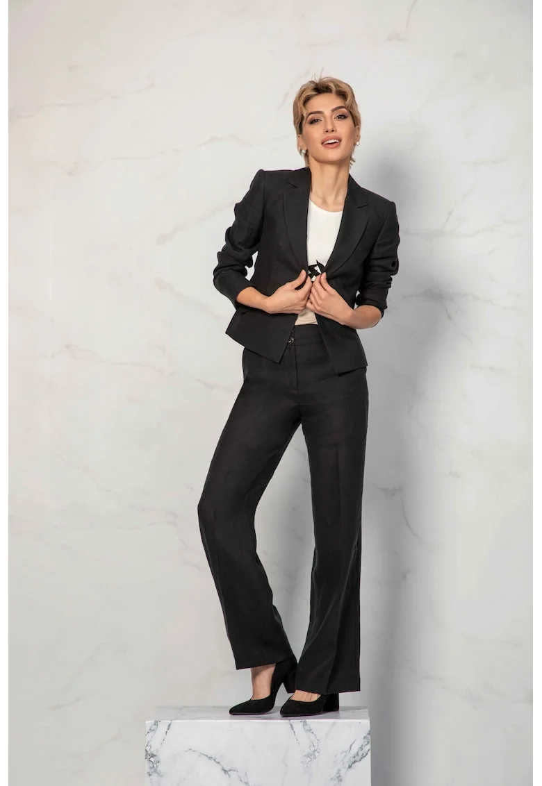 Pantaloni drepti din in cu talie inalta, Negru stins