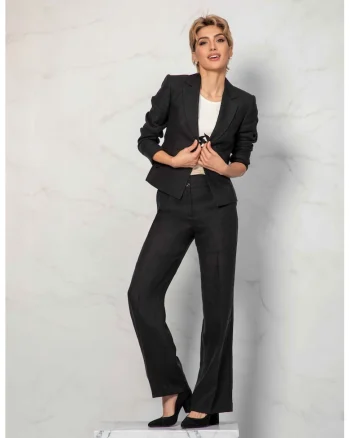 Pantaloni drepti din in cu talie inalta, Negru stins