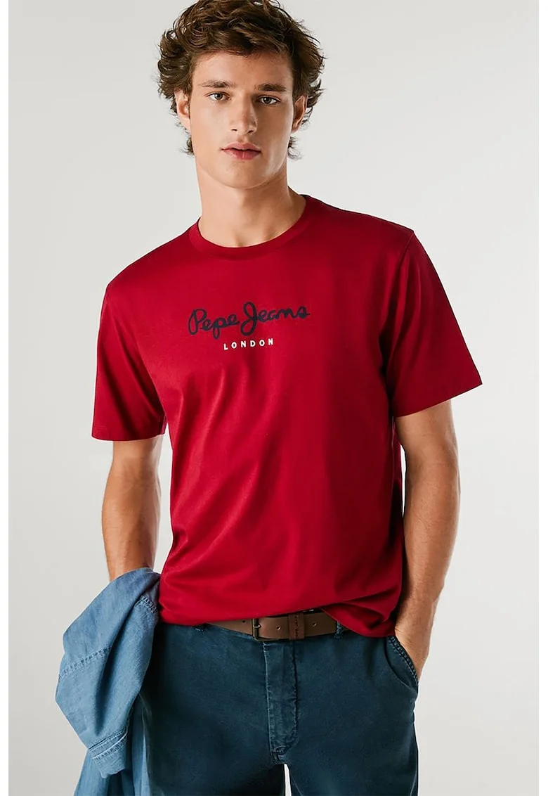 Tricou cu decolteu la baza gatului si logo, Rosu/Albastru ultramarin/Alb murdar