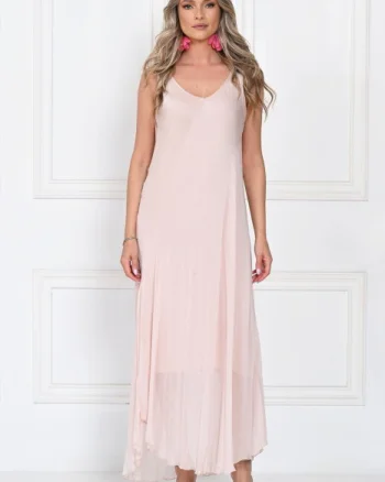 Rochie lunga din matase cu croi fluid si bretele fine, eleganta, roz delicat